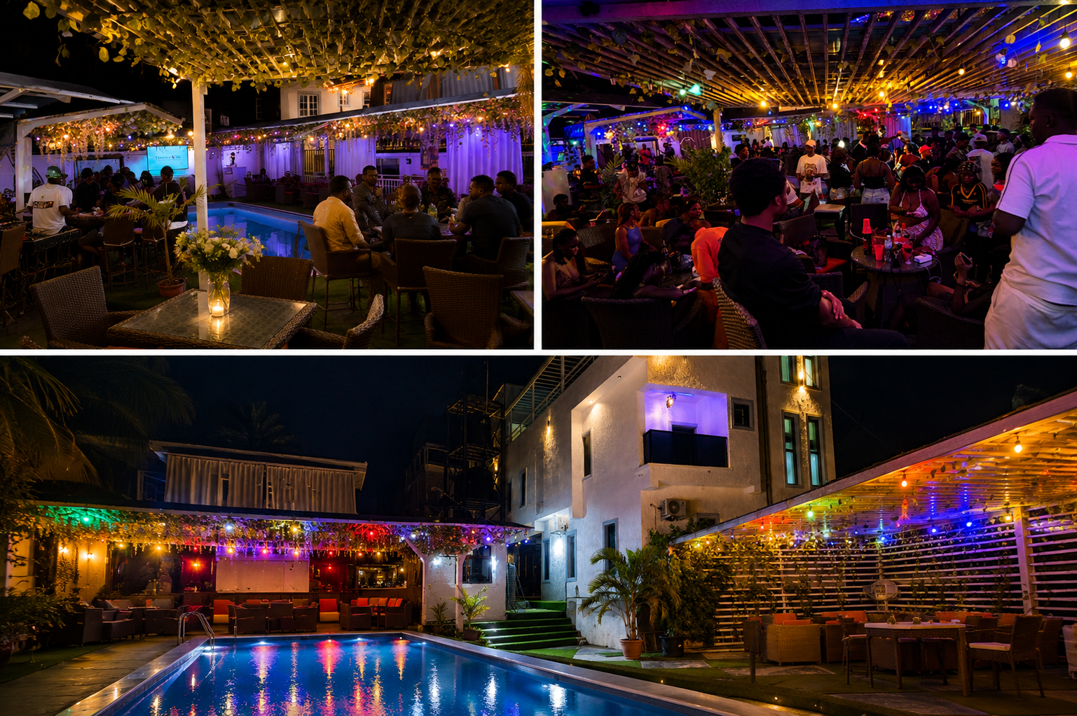 DE’ Lounge Inn poolside lounge at night