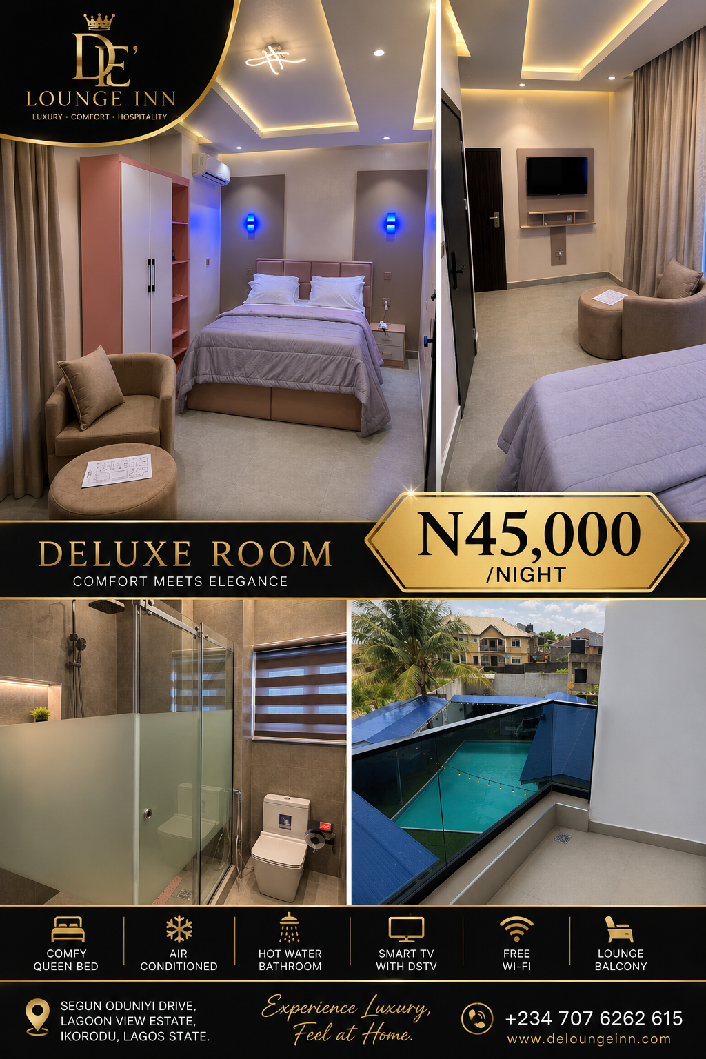 Deluxe Room Lagos with double bed and lagoon view at DE' Lounge Inn
